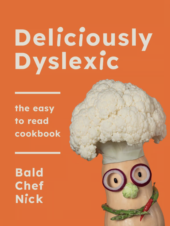 Bald Chef Nick Jaye demonstrates dyslexia in everyday life through cooking, advocacy, and accessible learning through his book Deliciously Dyslexic.